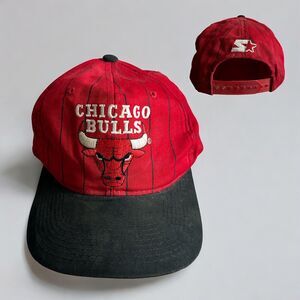 Vintage Chicago Bulls Pinstripe Snapback Hat NBA Basketball 90s Red Starter
